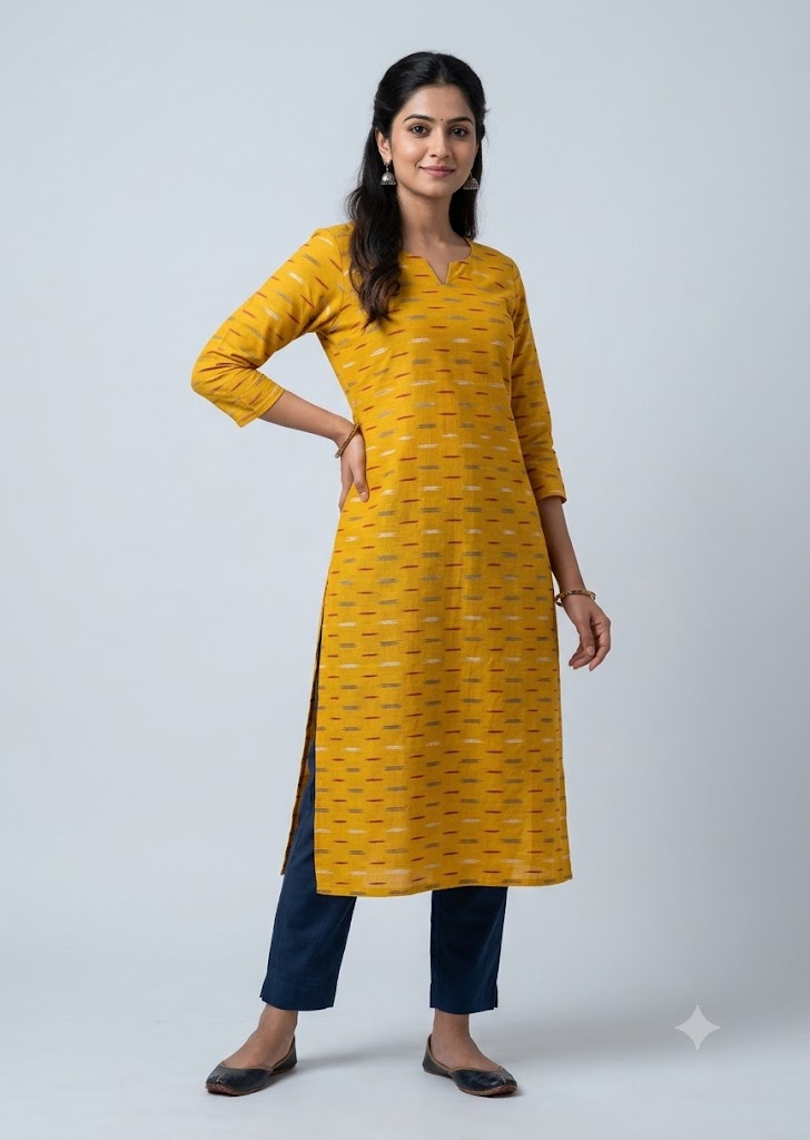 Mustard Yellow Pochampally Ikat Cotton Fabric – Handwoven Material