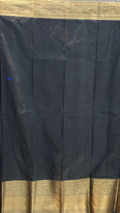 Authentic Charcoal Grey Dharmavaram Silk Saree with Heavy Gold Zari Border