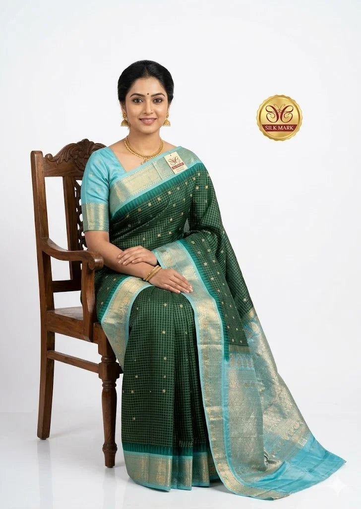 Pure Gadwal Silk Saree in Forest Green Checks with Light Blue Border - pochampallysarees.com
