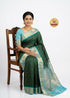 Pure Gadwal Silk Saree in Forest Green Checks with Light Blue Border - pochampallysarees.com