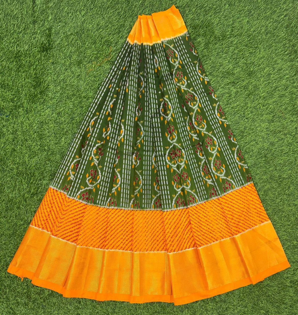 Green and Yellow Ikkat Silk Big Size Lehenga (8 Years to 50 Years)with silk mark