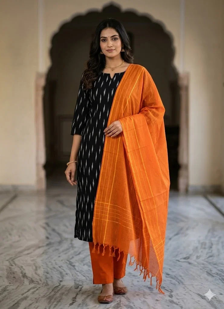 Pure Handloom Vertical Ikat Jet Black and Vibrant Orange Unstitched Suit Set - pochampallysarees.com