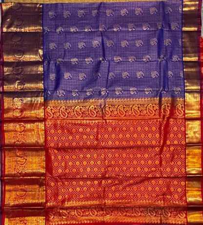 Semi Dharmavaram Silk Saree in Royal Blue and Deep Red with Gold Zari