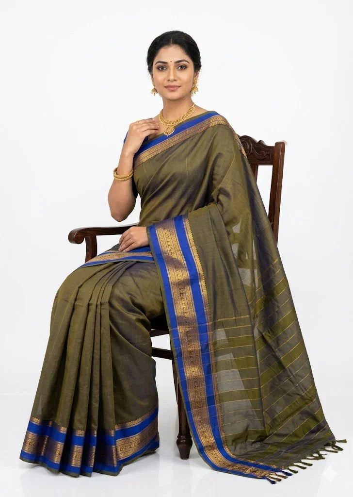 Pure Narayanpet Cotton Saree - Olive Green & Royal Blue Handloom Saree - pochampallysarees.com
