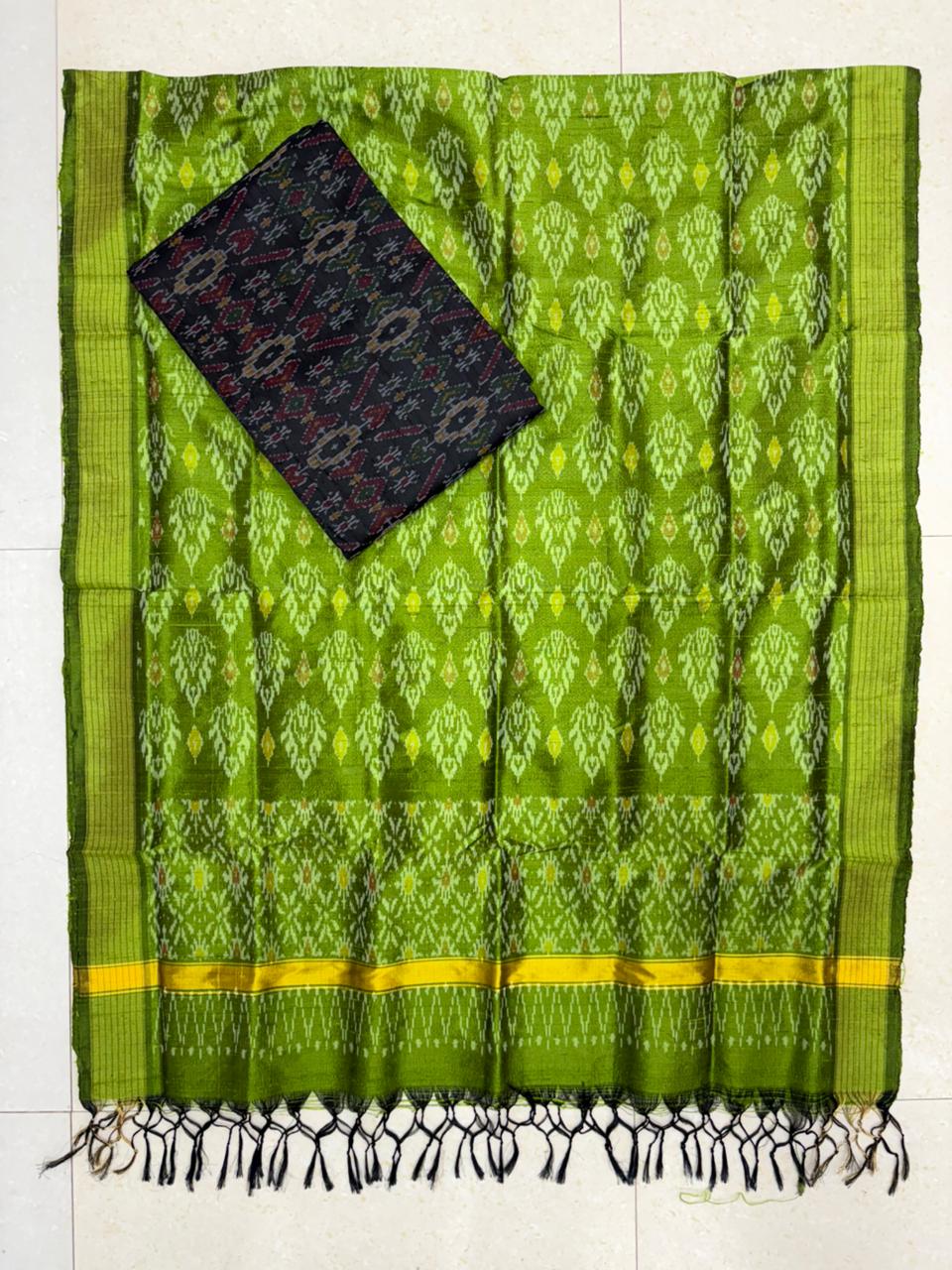 Latest Ikkat Silk Dress Material: Green &amp; black Pochampally Salwar Suit