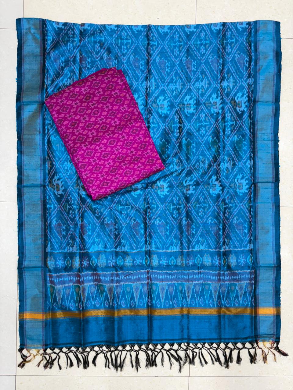 Latest Ikkat Silk Dress Material: Blue &amp; Pink Pochampally Salwar Suit