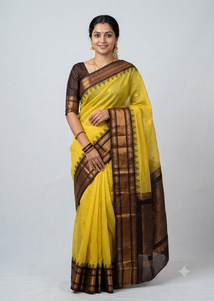 ibrant Yellow Gadwal Cotton Saree with Dark Contrast Zari Border gc2