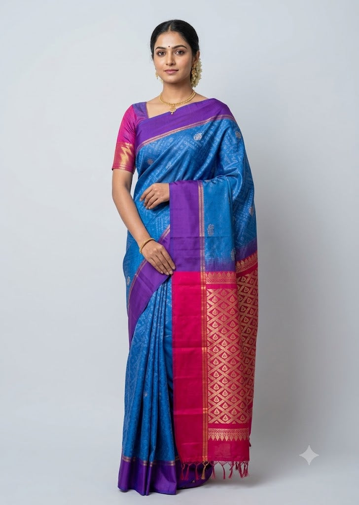 Royal Blue Soft Silk Saree with Contrast Rani Pink Zari Pallu and Purple Border