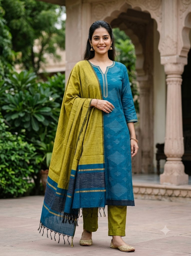 Authentic Pochampally Ikkat Poly-Cotton Unstitched 3-Piece Suit Set – Blue &amp; Olive-Yellow