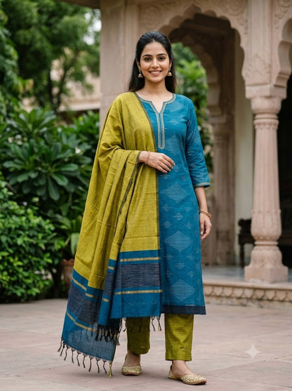Authentic Pochampally Ikkat Poly-Cotton Unstitched 3-Piece Suit Set – Blue &amp; Olive-Yellow