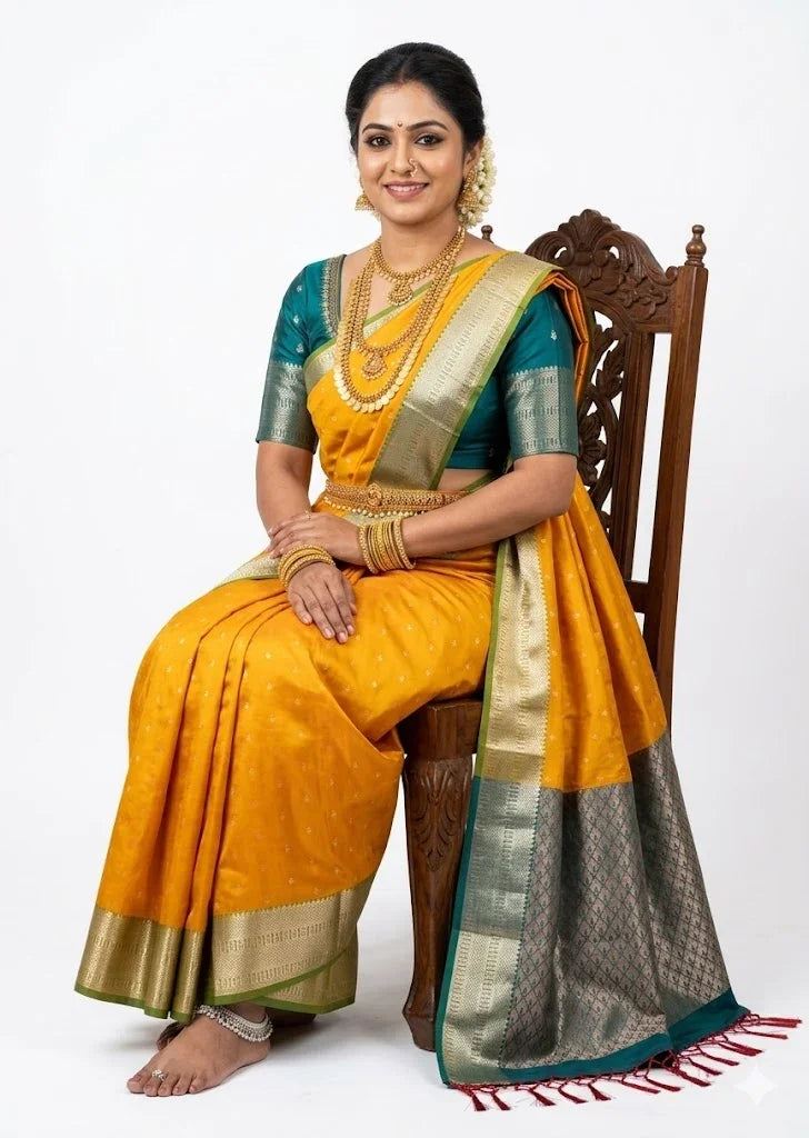 Golden-Yellow Dharmavaram Pattu Saree with Rich Teal-Green Border & Royal Traditional Jewelry Set - pochampallysarees.com