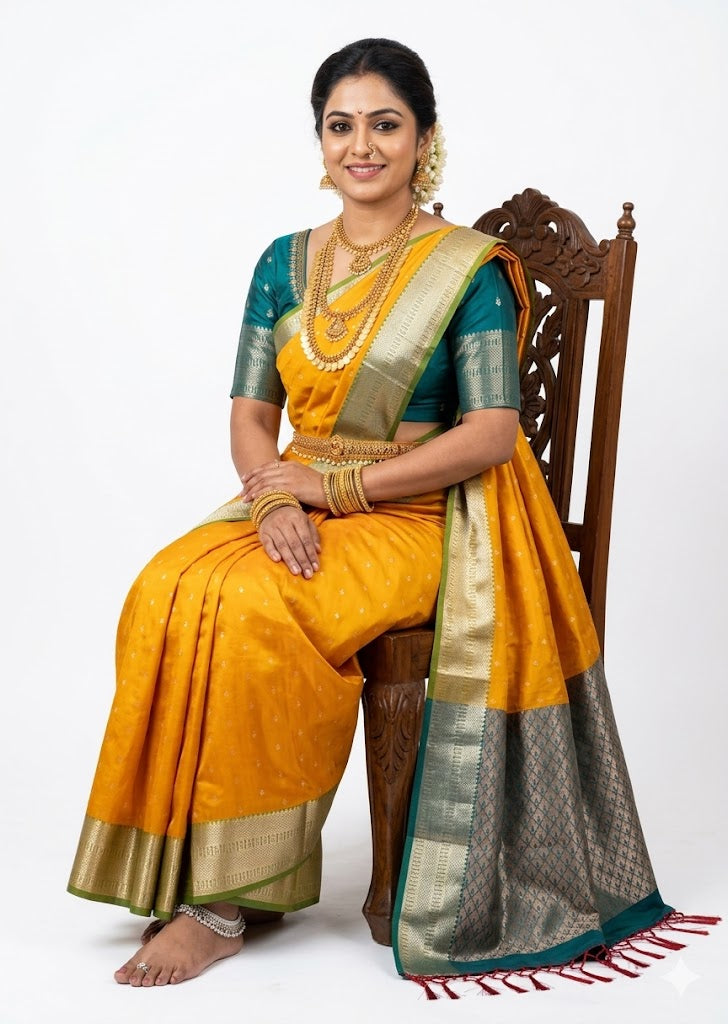 Golden-Yellow Dharmavaram Pattu Saree with Rich Teal-Green Border &amp; Royal Traditional Jewelry Set