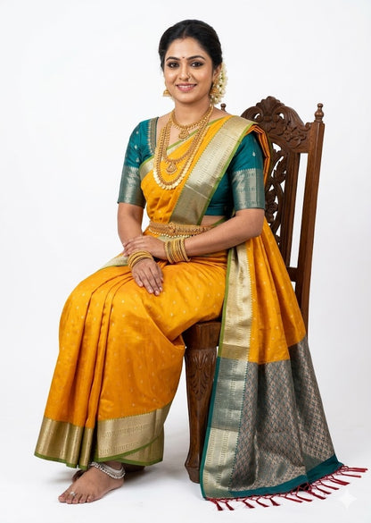 Golden-Yellow Dharmavaram Pattu Saree with Rich Teal-Green Border &amp; Royal Traditional Jewelry Set