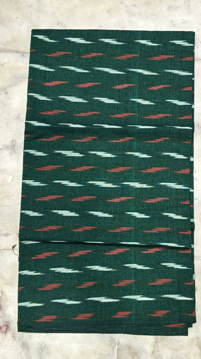 Pure Handloom Ikat Dark Green and Red Unstitched Suit Set
