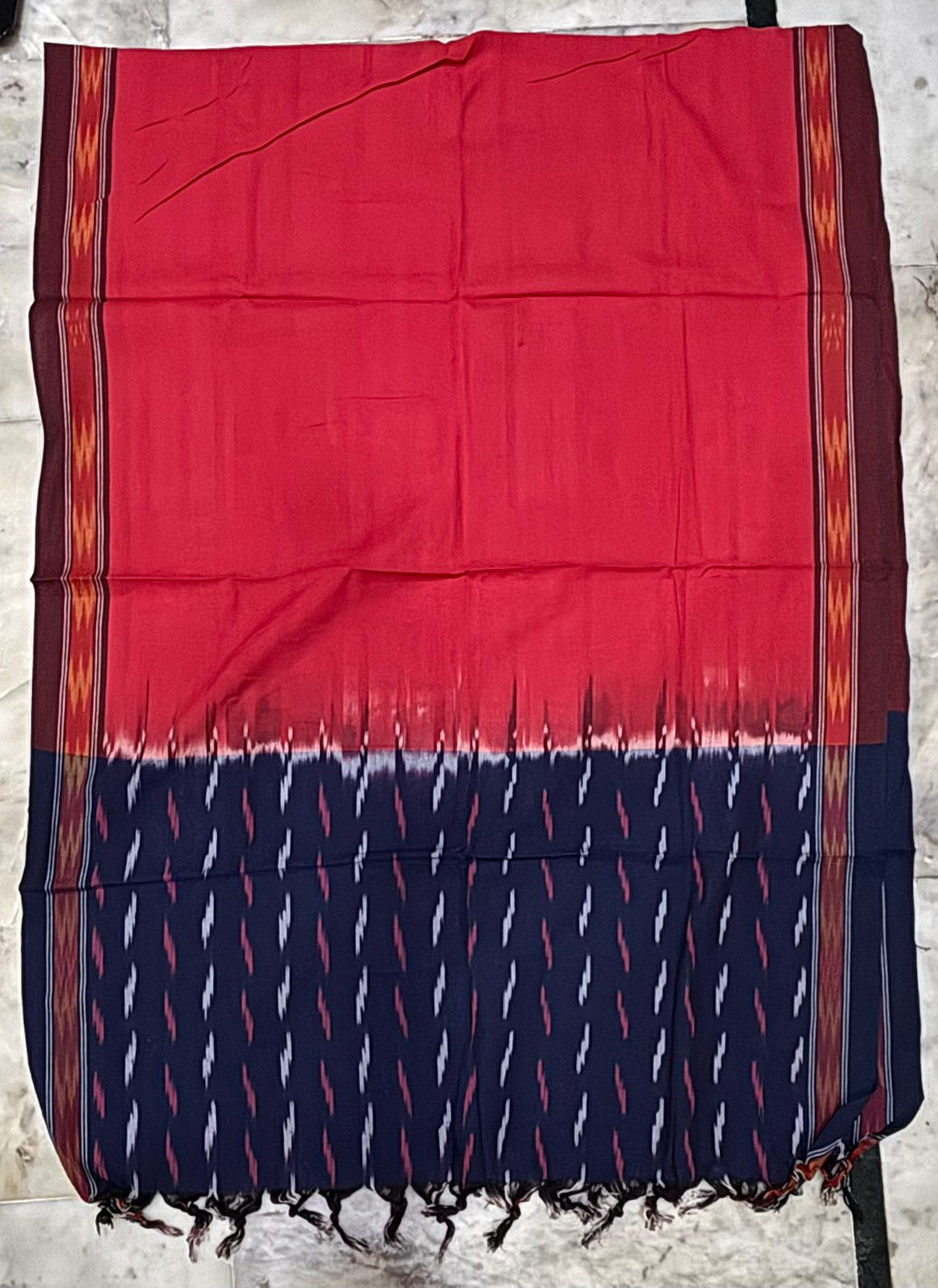 Pure Handloom Ikat Navy Blue and Coral Red Unstitched Suit Set