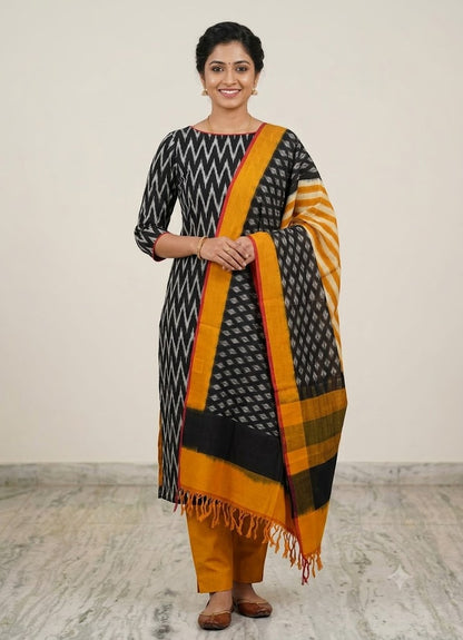 DOUBLE IKAT COTTON BLACK WITH YELLOW COLOR DRESS MATERIAL - C48