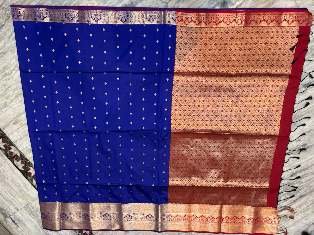 Pure Dharmavaram Silk Saree - Royal Blue &amp; Red with Gold Zari - pochampallysarees.com