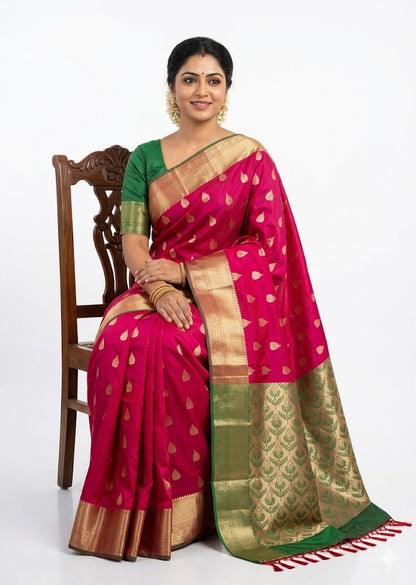 Radiant Rani Pink Dharmavaram Pattu Saree with Contrast Green Zari Border