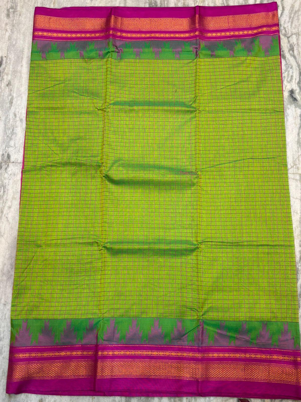 Pure Gadwal Silk Saree in Parrot Green &amp; Magenta Pink | Authentic Handwoven Traditional Saree - pochampallysarees.com