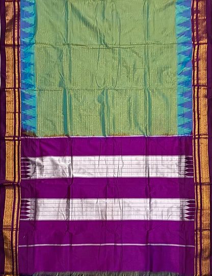 Olive Green Gadwal Silk Saree with Magenta Pink Pallu &amp; Silver Temple Border