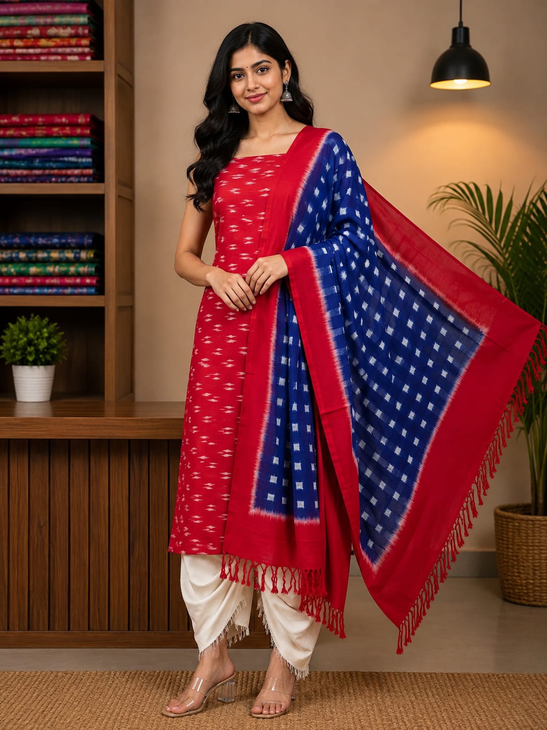 Crimson Red &amp; Royal Blue Handloom Double Ikkat Cotton Dress Material Set with Grid Jaal Dupatta d20