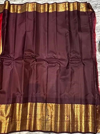 Crimson Red &amp; Chocolate Brown Gadwal Silk Saree with Heavy Gold Zari Border - pochampallysarees.com
