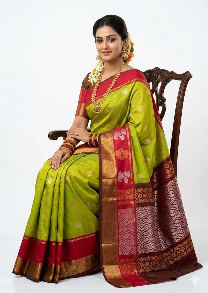 Exquisite Lime Green & Maroon Kuppadam Pattu Saree - pochampallysarees.com