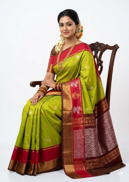 Exquisite Lime Green &amp; Maroon Kuppadam Pattu Saree - pochampallysarees.com