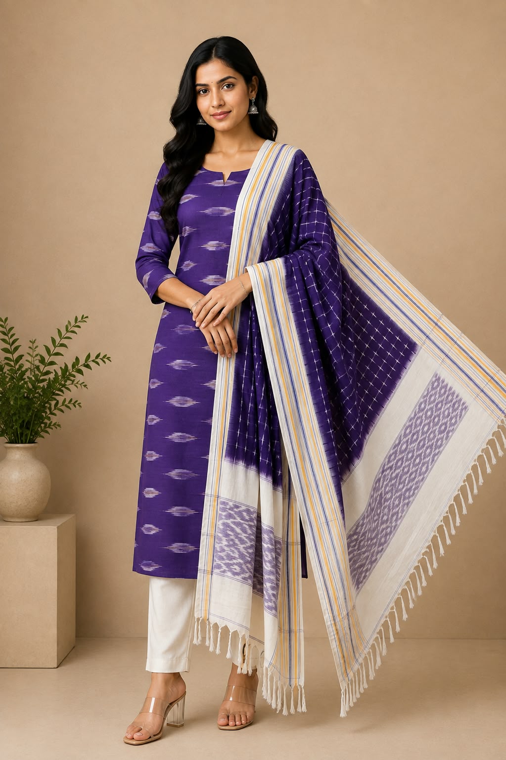 Iris Purple &amp; Off-White Handloom Double Ikkat Cotton Dress Material Set with Striped Border Dupatta
