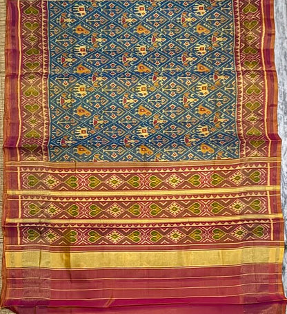 Handloom Ikat Real Patola Silk Saree – Classic Blue &amp; Maroon