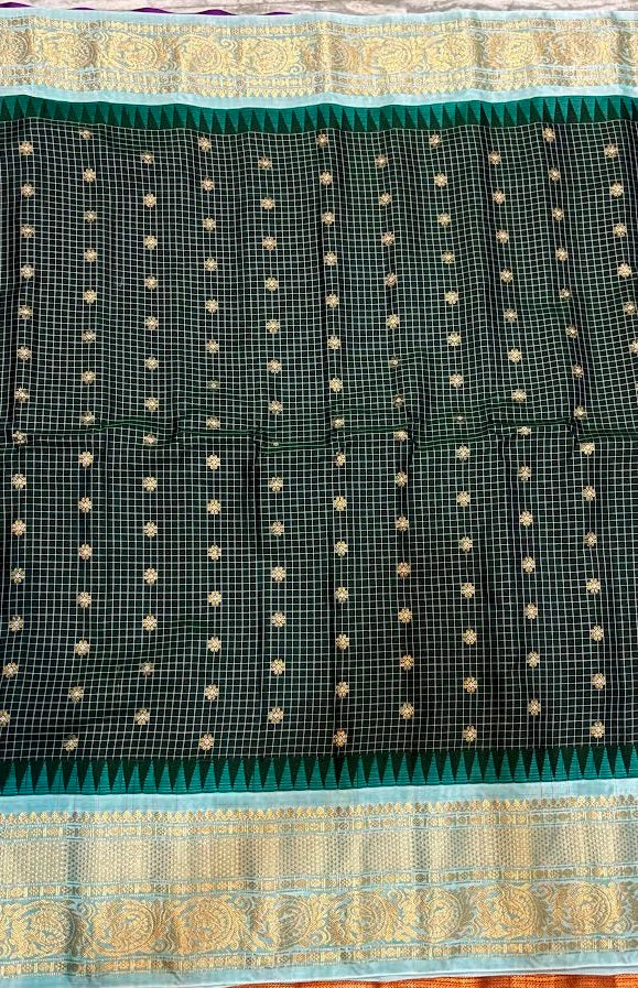 Pure Gadwal Silk Saree in Forest Green Checks with Light Blue Border - pochampallysarees.com