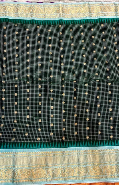 Pure Gadwal Silk Saree in Forest Green Checks with Light Blue Border - pochampallysarees.com