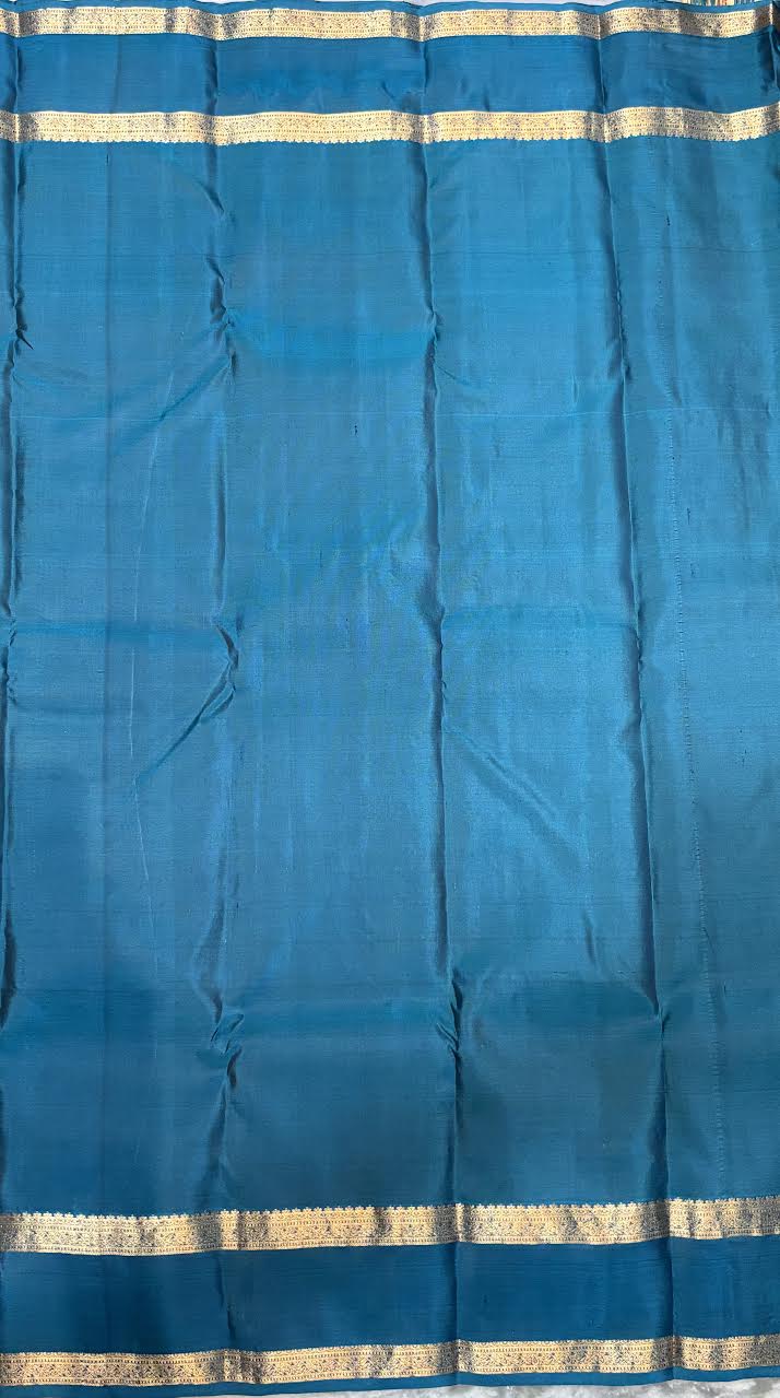 Mustard Yellow &amp; Slate Blue Pure Kanchi Silk Saree with Teal Zari Border