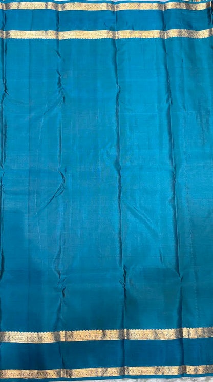 Mustard Yellow &amp; Slate Blue Pure Kanchi Silk Saree with Teal Zari Border