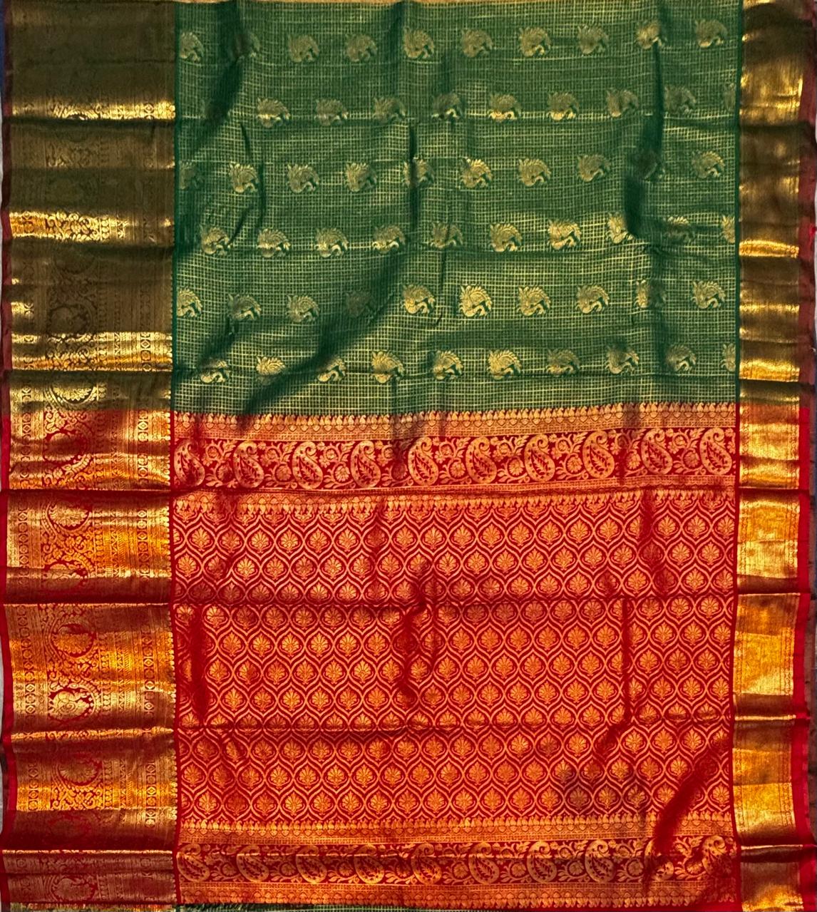Bottle Green &amp; Crimson Red Semi Dharmavaram Silk Saree with Zari Checks and Brocade Pallu