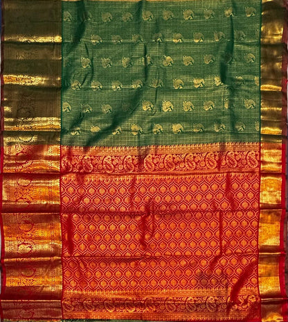 Bottle Green &amp; Crimson Red Semi Dharmavaram Silk Saree with Zari Checks and Brocade Pallu