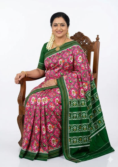 Authentic Pure Pochampally Double Ikat Patola Silk Saree - Pink &amp; Green - pochampallysarees.com