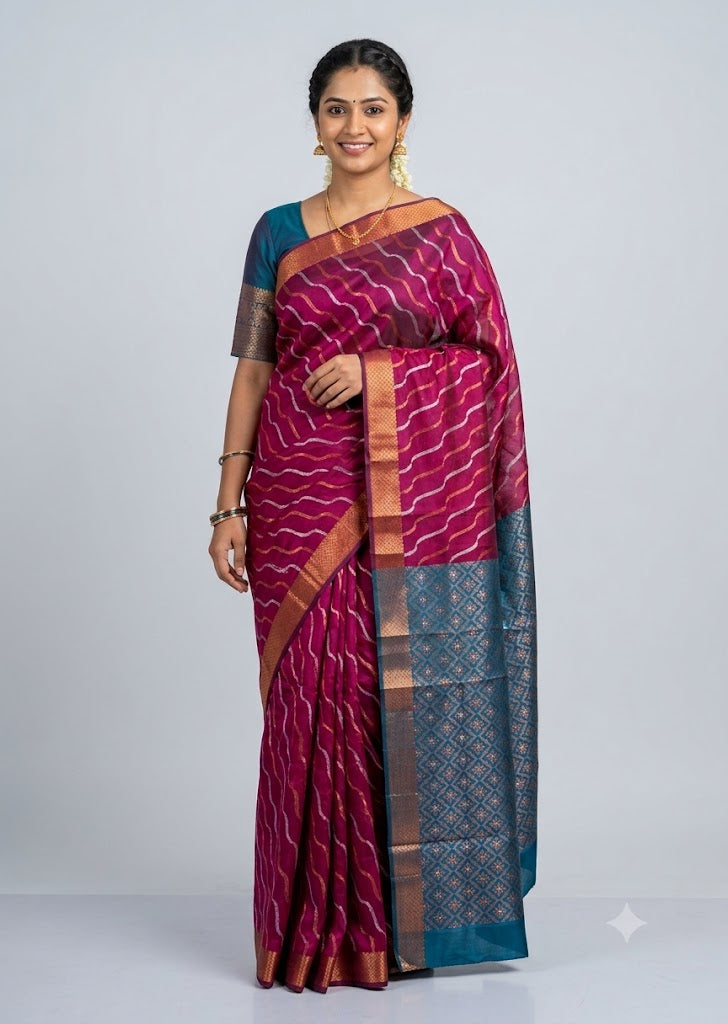 Traditional Magenta-Pink Kuppadam Pattu Saree with Matching Teal Blue Blouse and Pallu