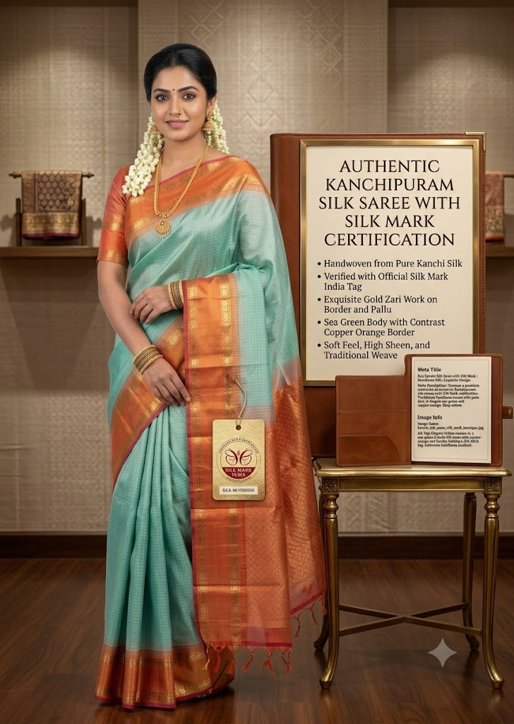 Authentic Sea Green &amp; Copper Orange Kanchipuram Silk Saree with Silk Mark