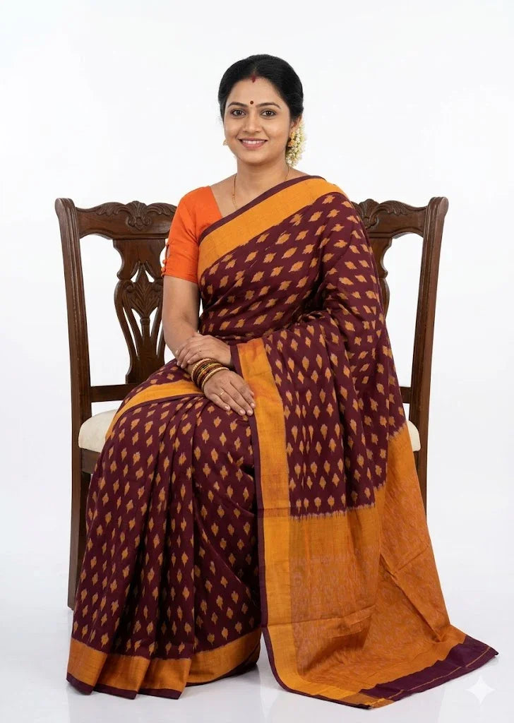 Authentic Handwoven Maroon and Orange Pure Ikat Cotton Saree - pochampallysarees.com
