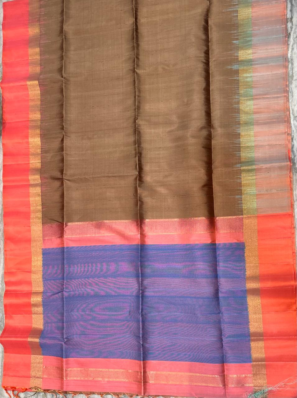 Beige Soft Silk Saree with Coral Pink &amp; Blue Contrast Zari Border