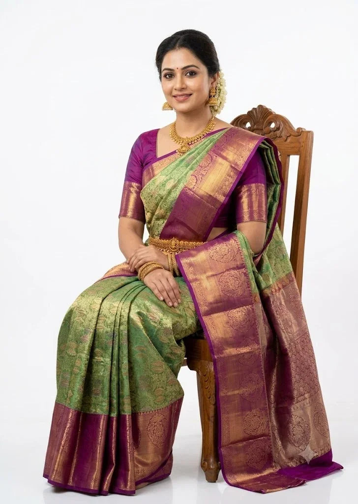 Dharmavaram Pattu Silk Saree Light Green With Purple Saree - pochampallysarees.com