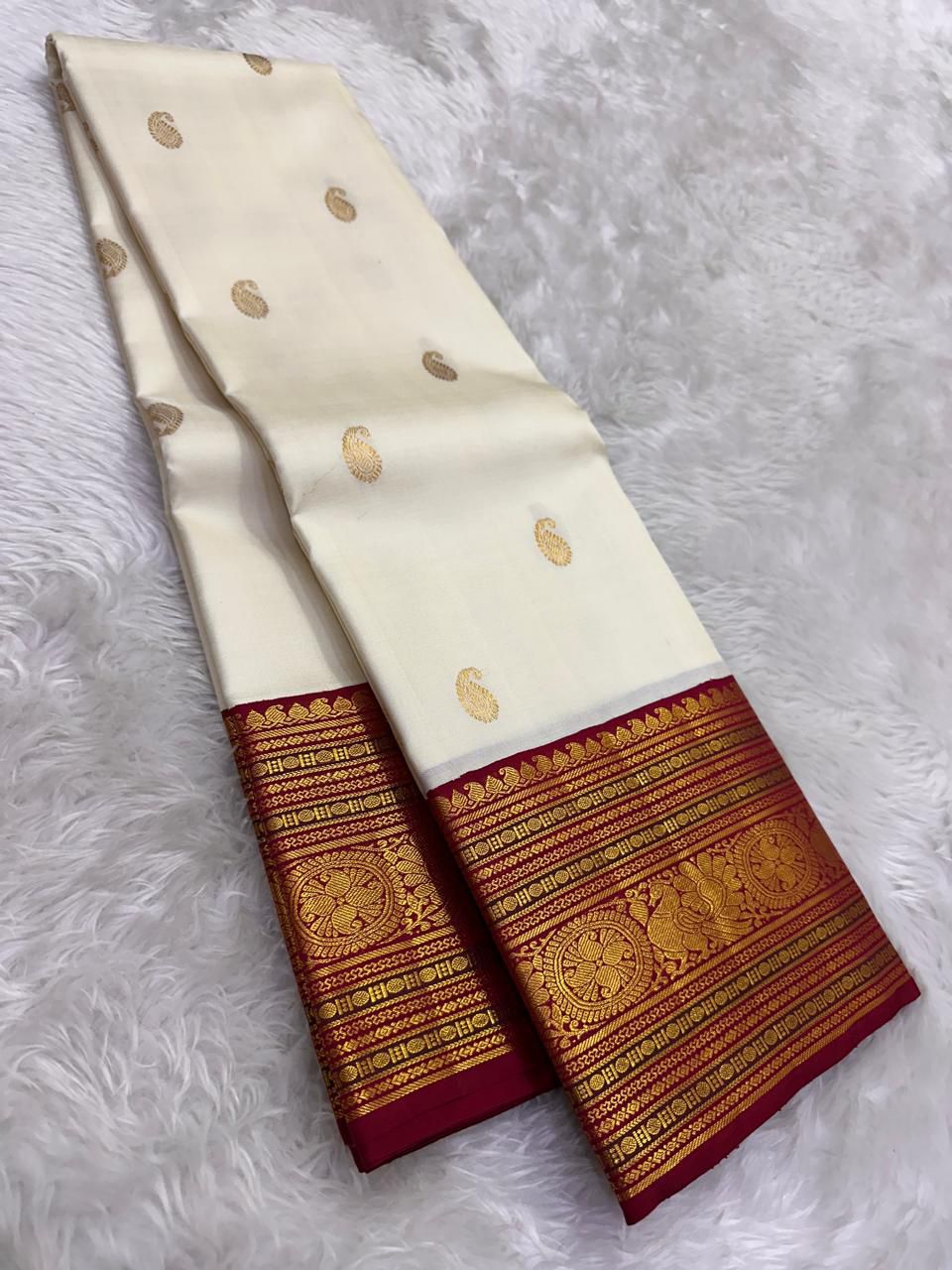 kanchipuram pattu cream Maroon Saree Code: Kanchi1