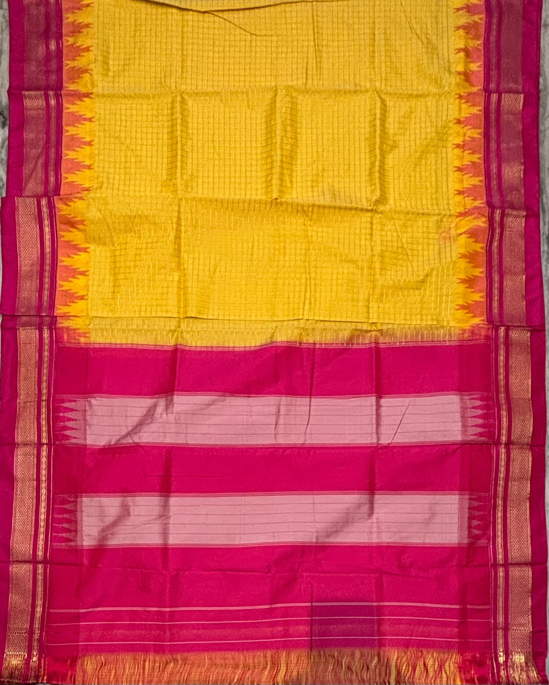 Stunning Yellow Gadwal Saree with Contrast Pink Temple Border