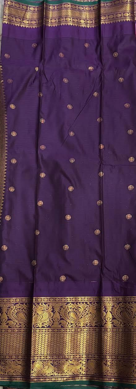 PURE GADWAL SILK PINK BODY BUTTI CHOCOLATE PALLU BLUE BIG BORDER AND BLOUSE BLUE SAREE - pochampallysarees.com