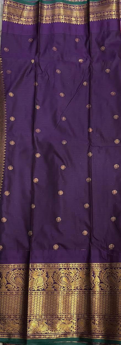 PURE GADWAL SILK PINK BODY BUTTI CHOCOLATE PALLU BLUE BIG BORDER AND BLOUSE BLUE SAREE - pochampallysarees.com