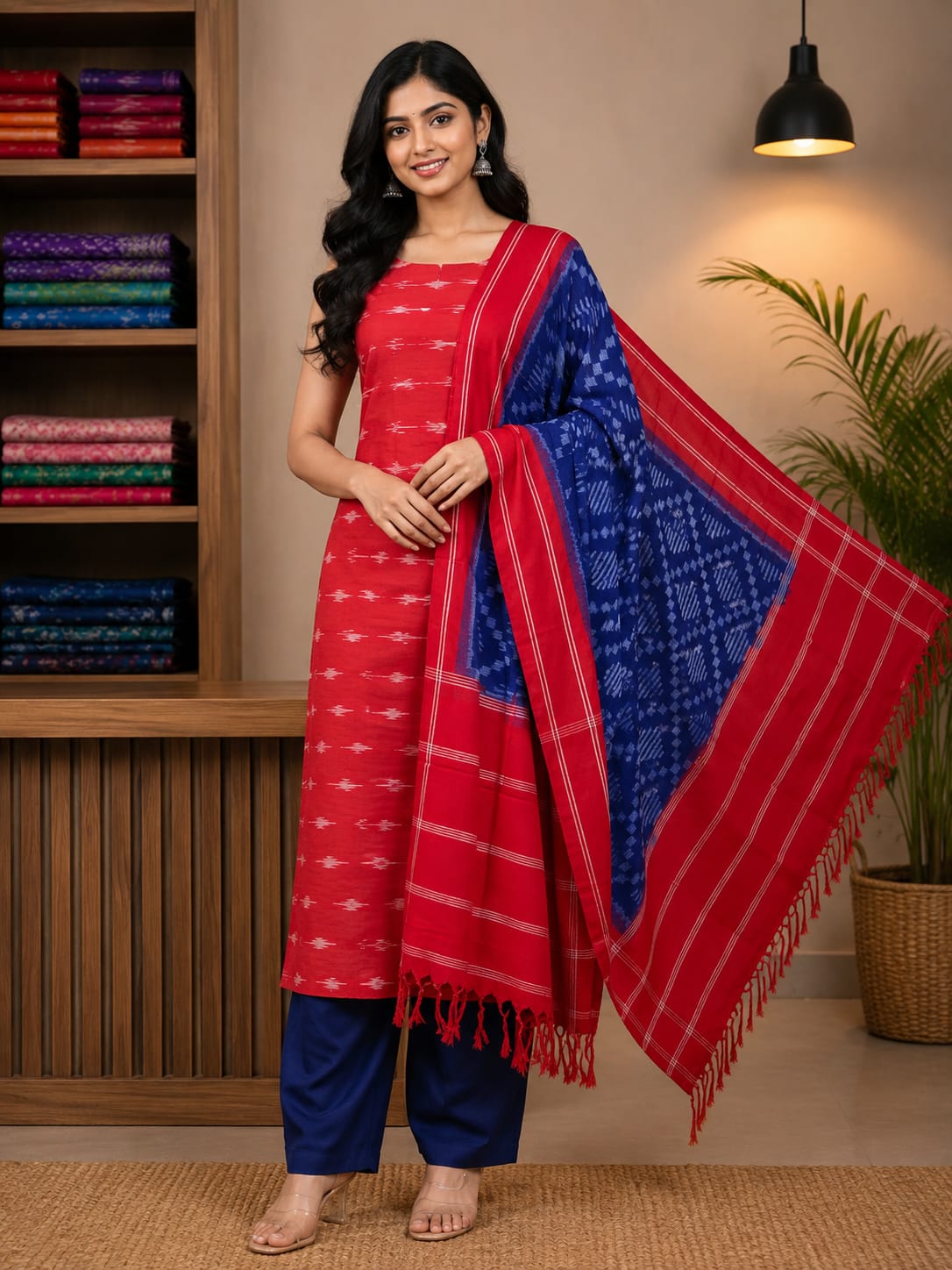 Crimson Red &amp; Royal Blue Handloom Double Ikkat Cotton Dress Material Set with Striped Border Dupatta -d30
