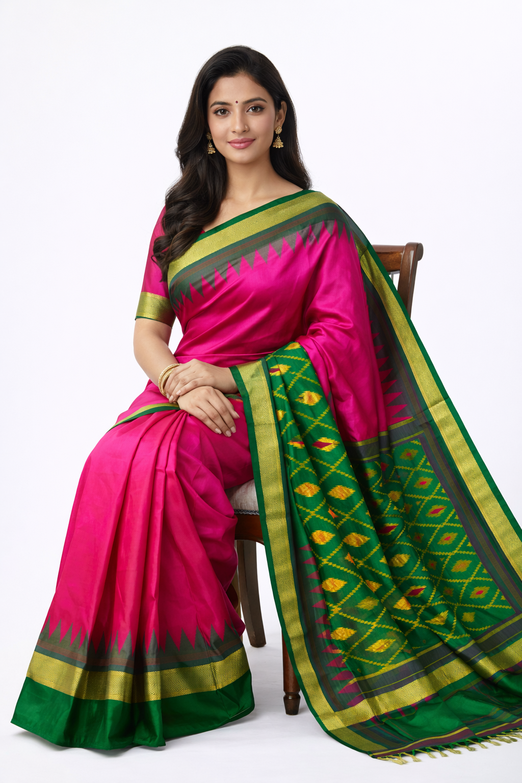 Buy Pure Pochampally Ikkat Silk Saree Pink with Green Border Online