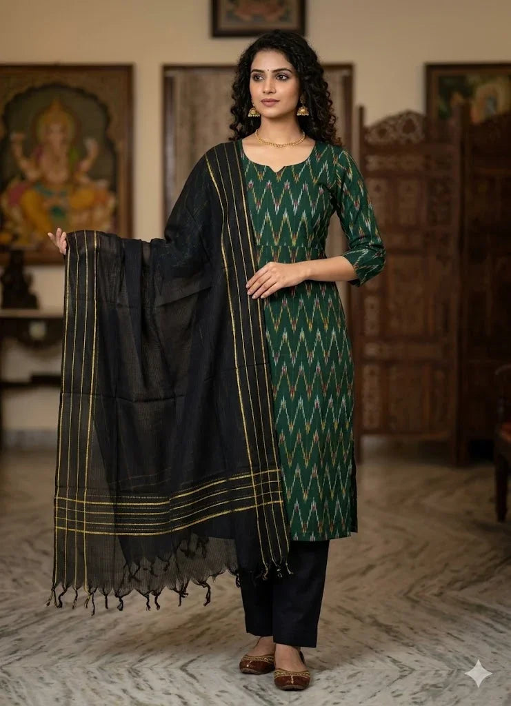 Pure Handloom Zig-Zag Ikat Bottle Green and Jet Black Unstitched Suit Set - pochampallysarees.com