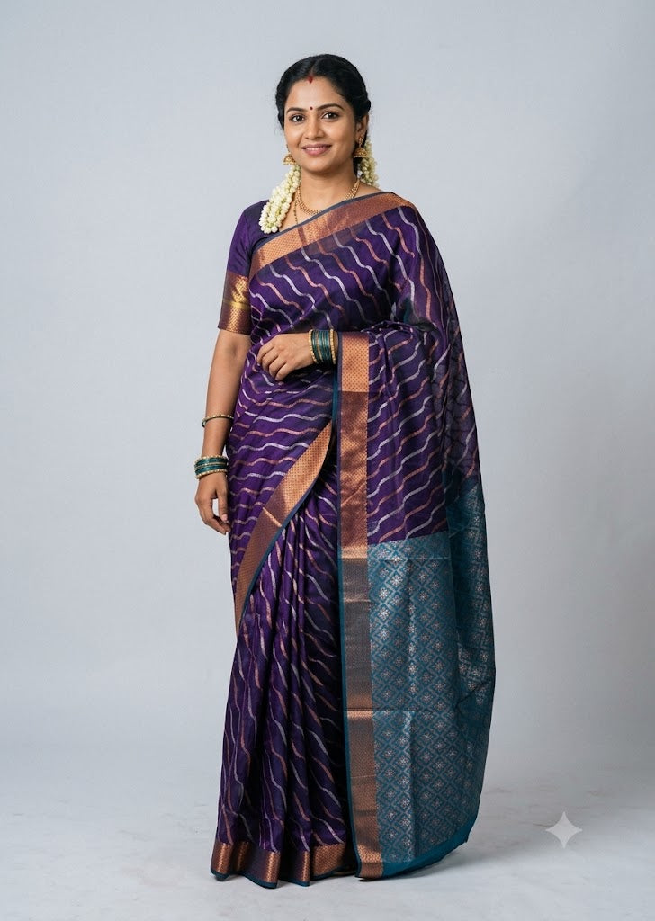 Premium Purple Kuppadam Pattu Saree with Teal Blue Contrast Pallu